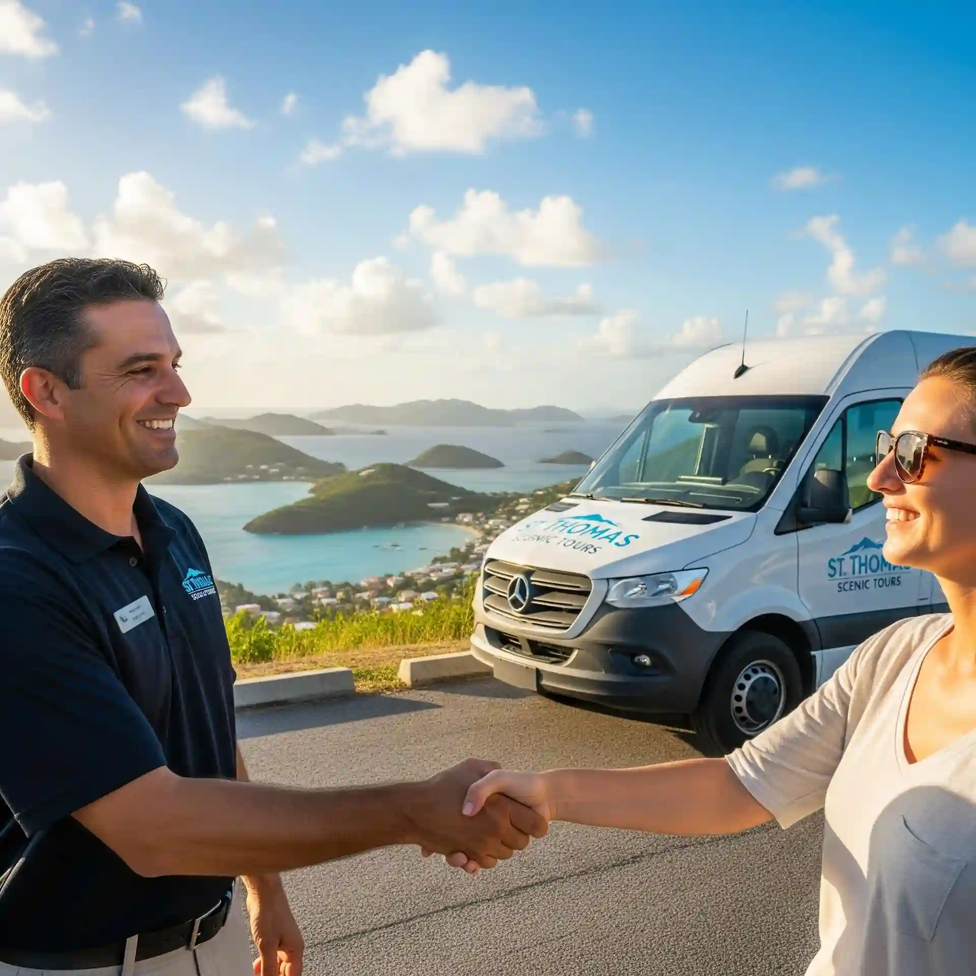 A professional driver shaking hands with a happy customer at a scenic St. Thomas overlook.