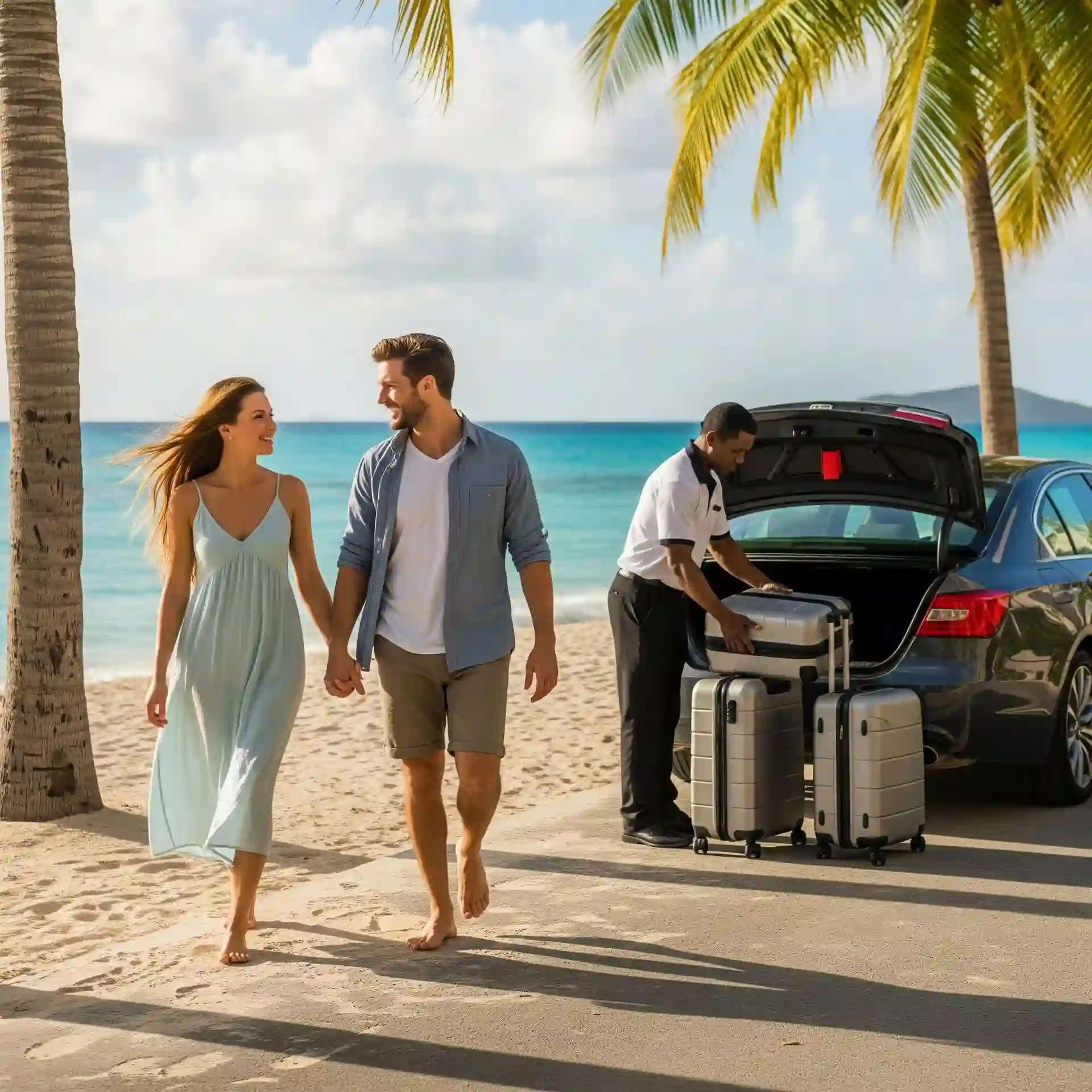 A couple walking freely on a beach in St. Thomas while a professional handler takes care of their luggage in the background.