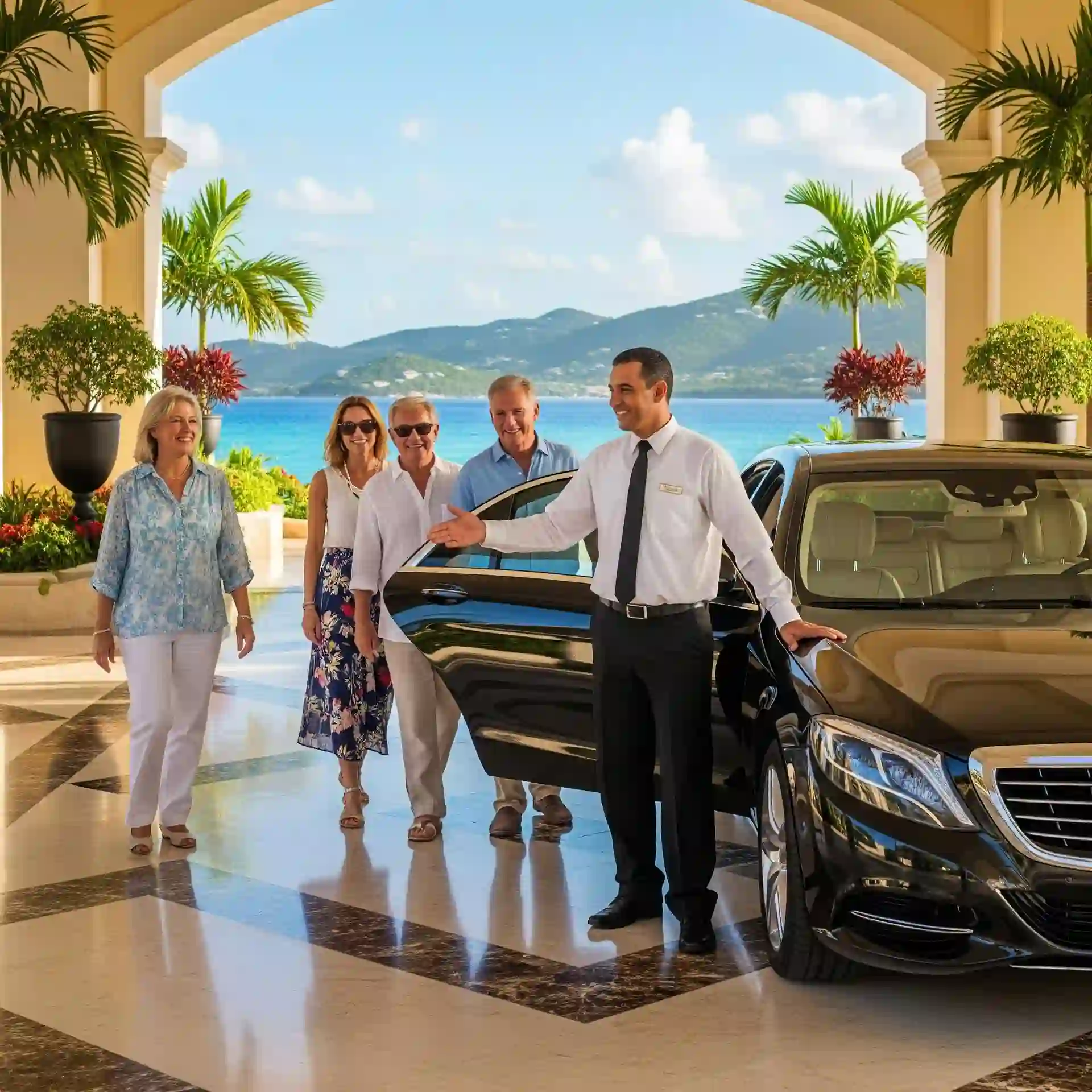A professional chauffeur greeting happy guests at an elegant tropical venue.