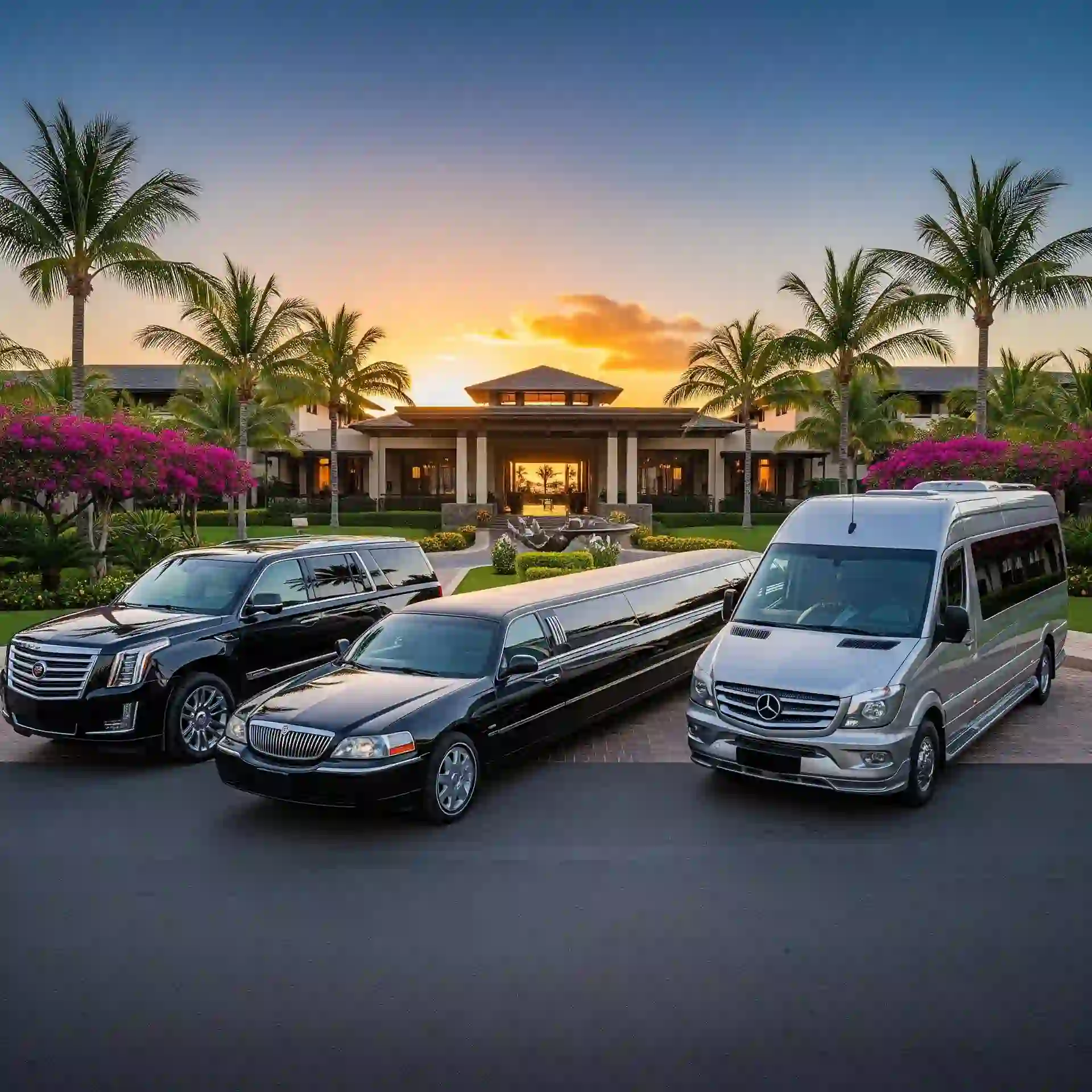 A fleet of luxury vehicles including a limousine, SUV, and van parked at an elegant tropical resort at sunset.
