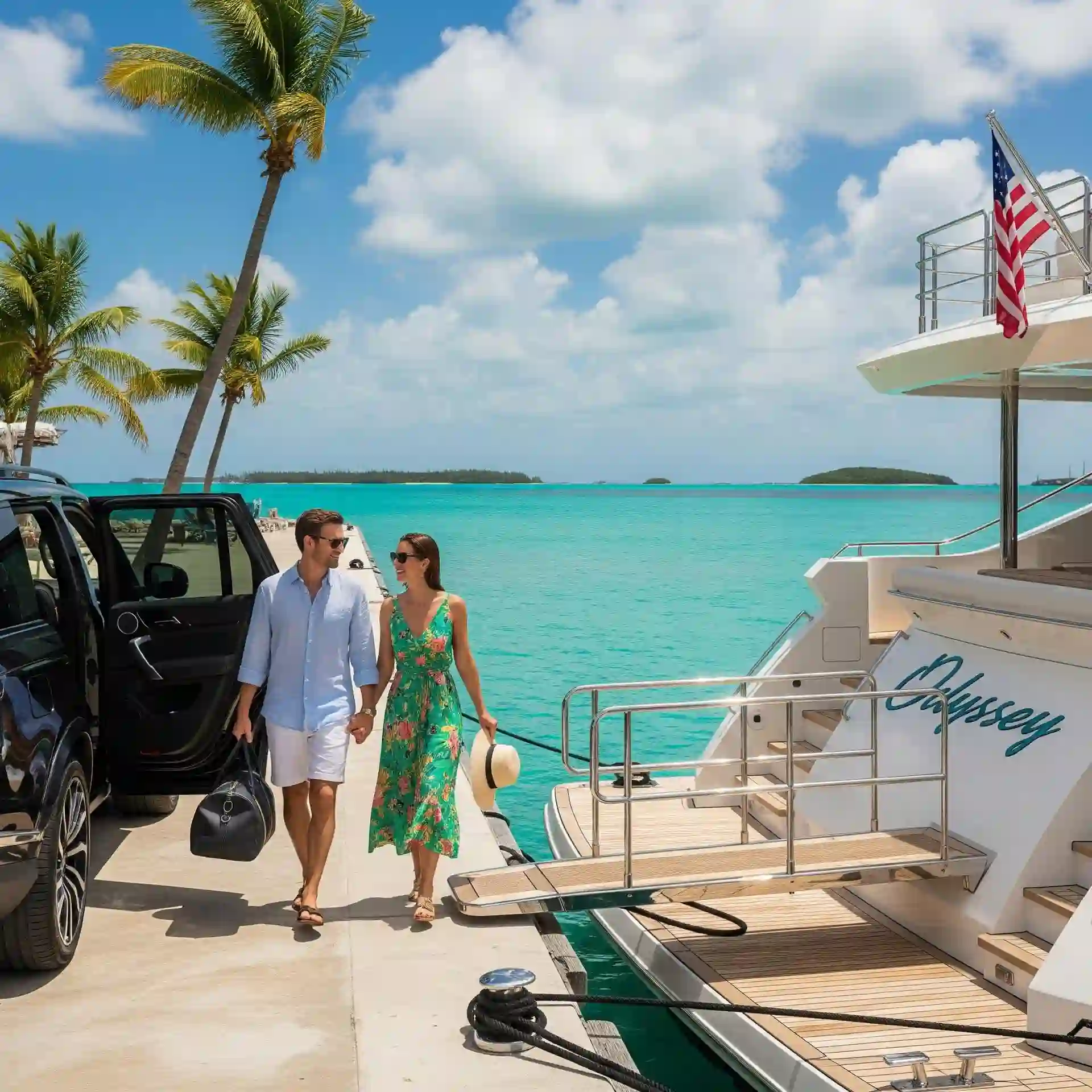 A couple walking from a luxurious SUV onto a yacht docked at a marina in St. Thomas.