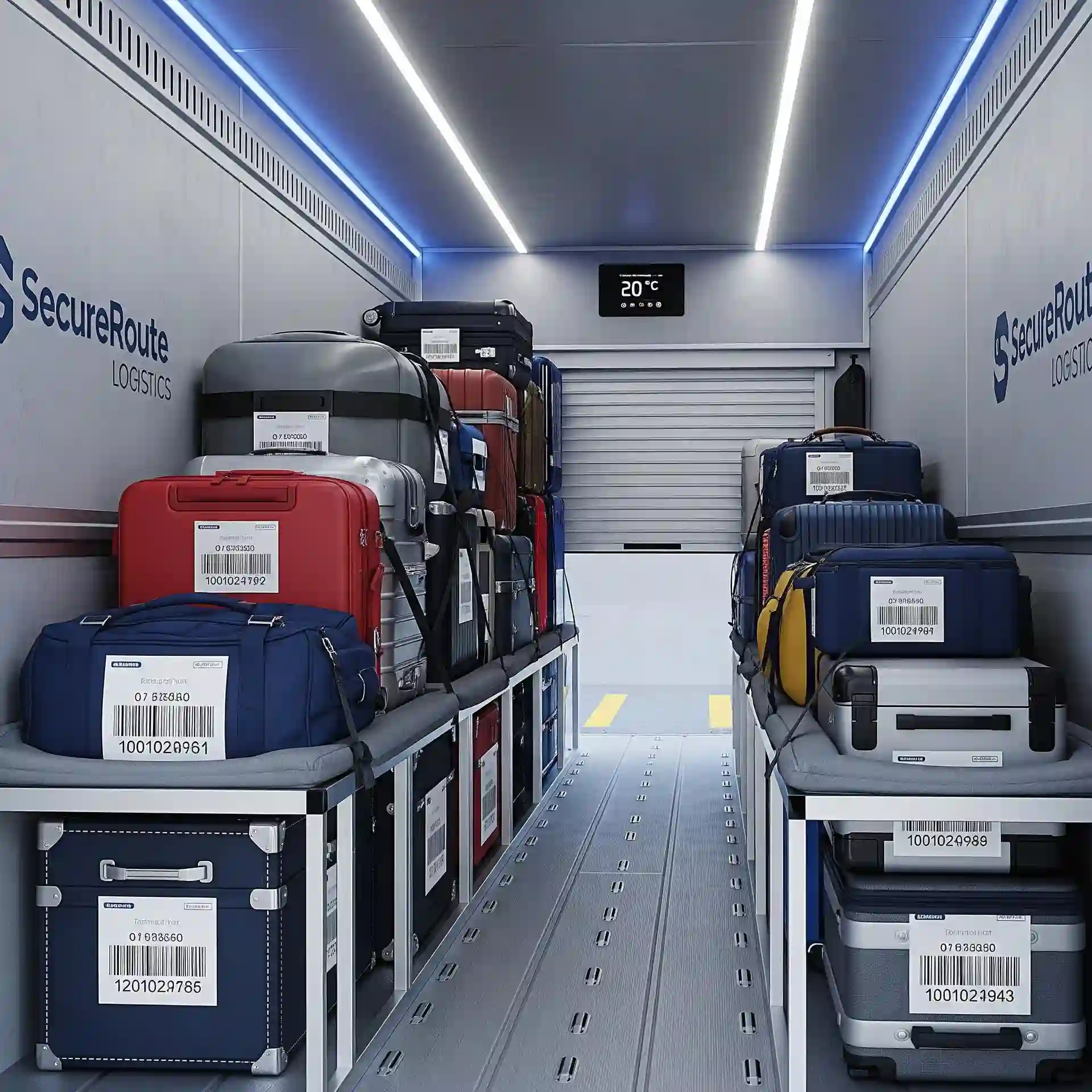 A secure, climate-controlled cargo area of a van with neatly stacked and labeled suitcases.