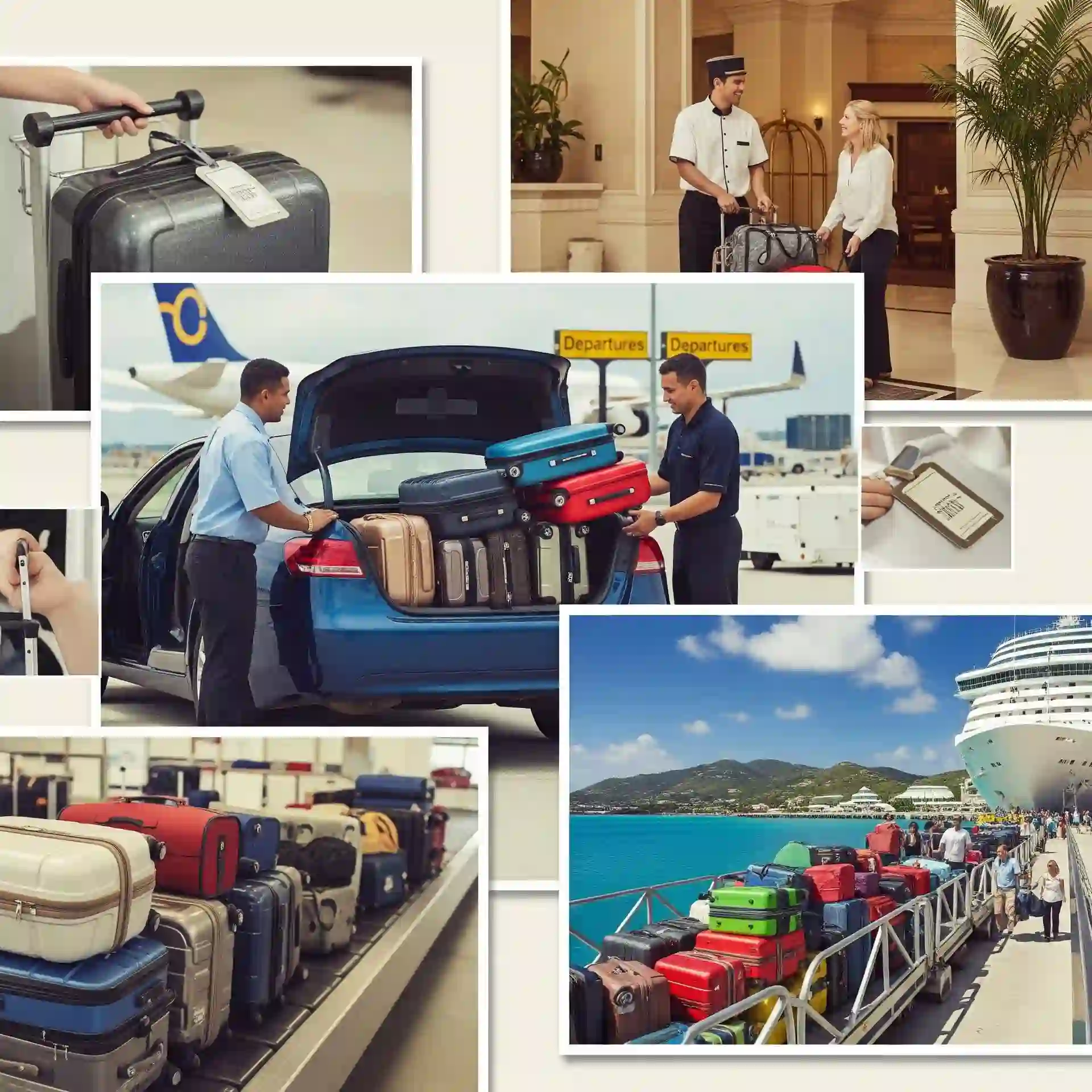 A collage showing luggage being transferred at the airport, a hotel, and a cruise ship terminal in St. Thomas.