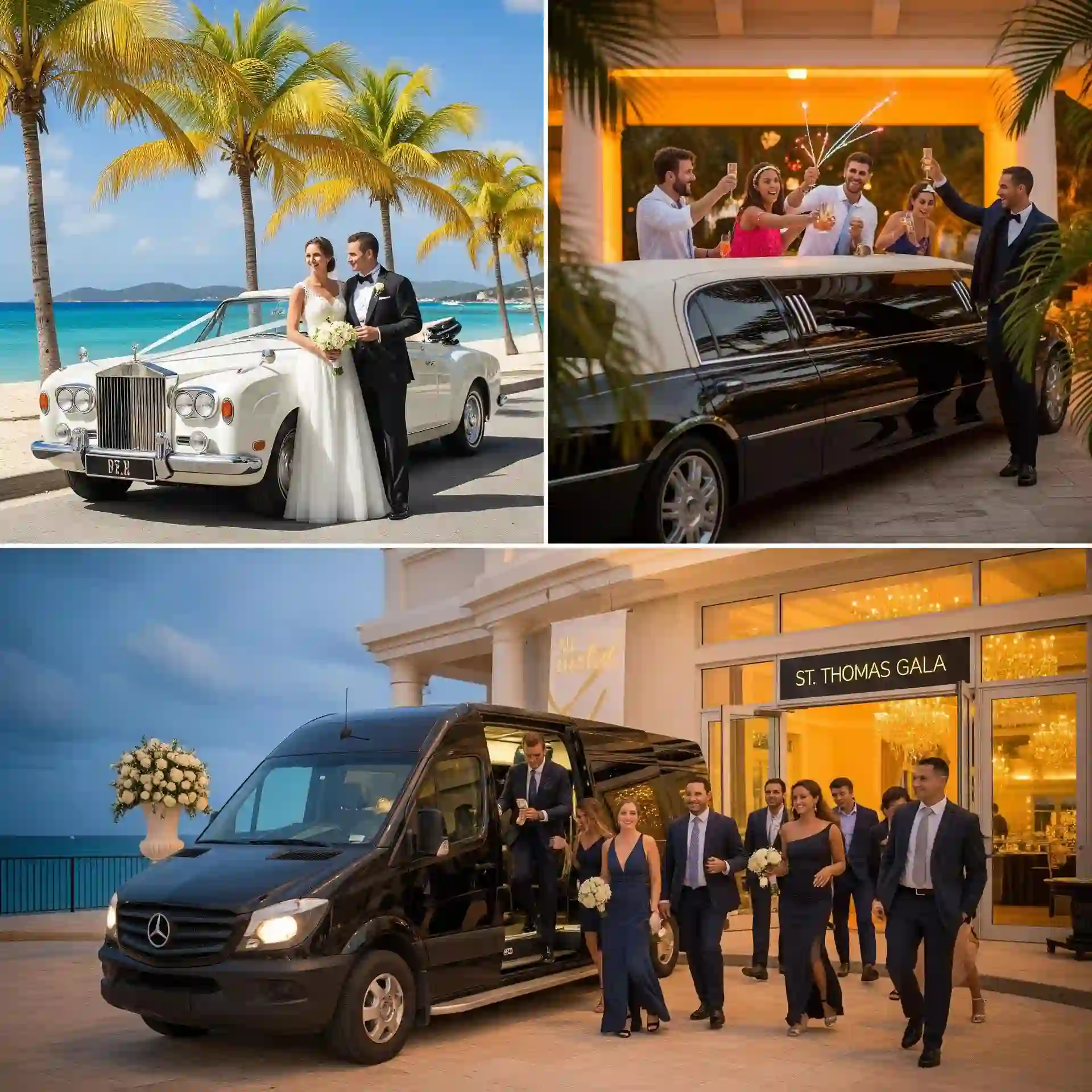 A collage of scenes for special occasions, including a wedding couple, a birthday party in a limousine, and a corporate gala.