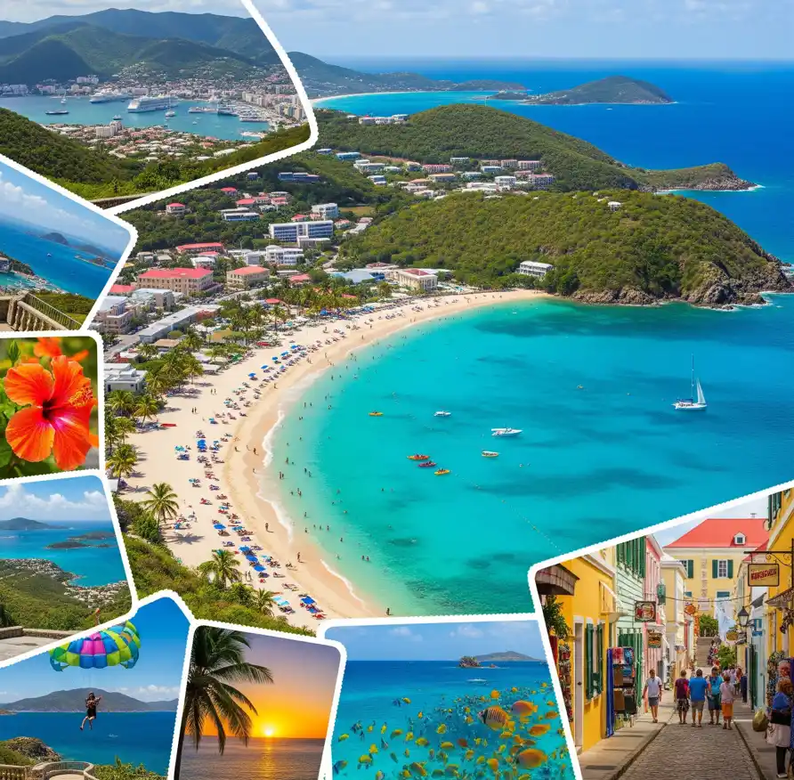 A collage of scenic views from St. Thomas, including Magens Bay, Mountain Top, and Charlotte Amalie.