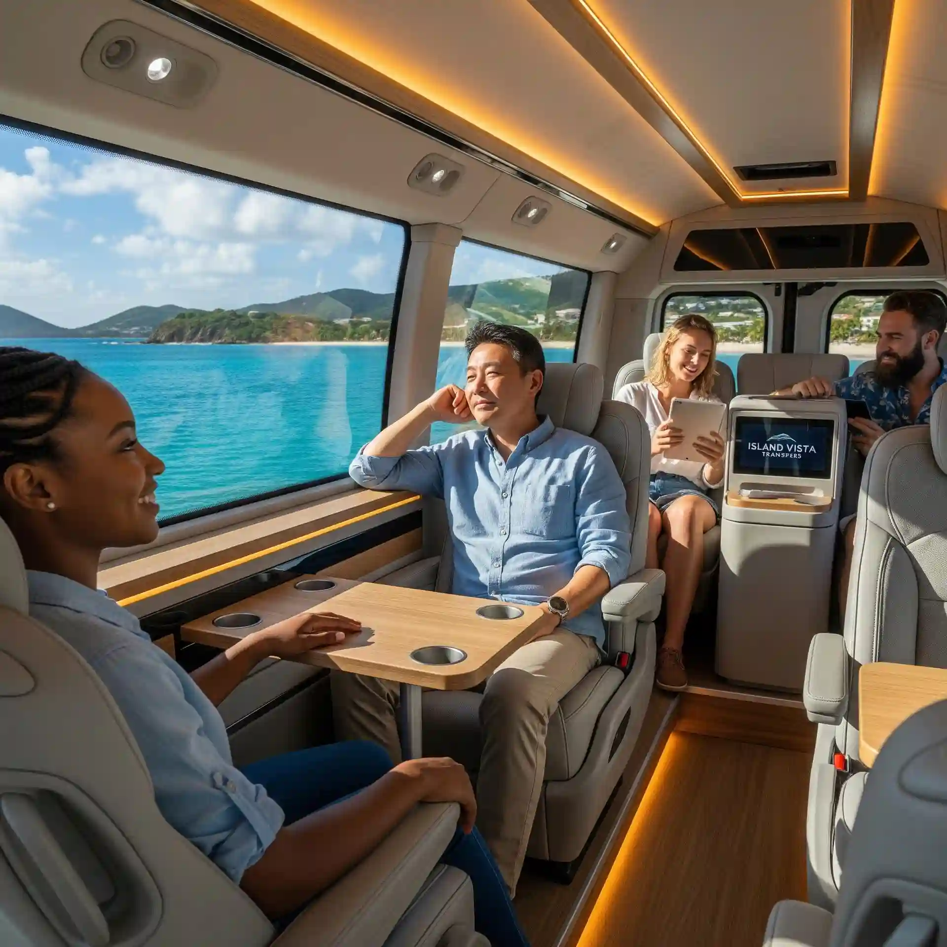 A diverse group of passengers relaxing inside a luxurious yacht with scenic St. Thomas views outside.