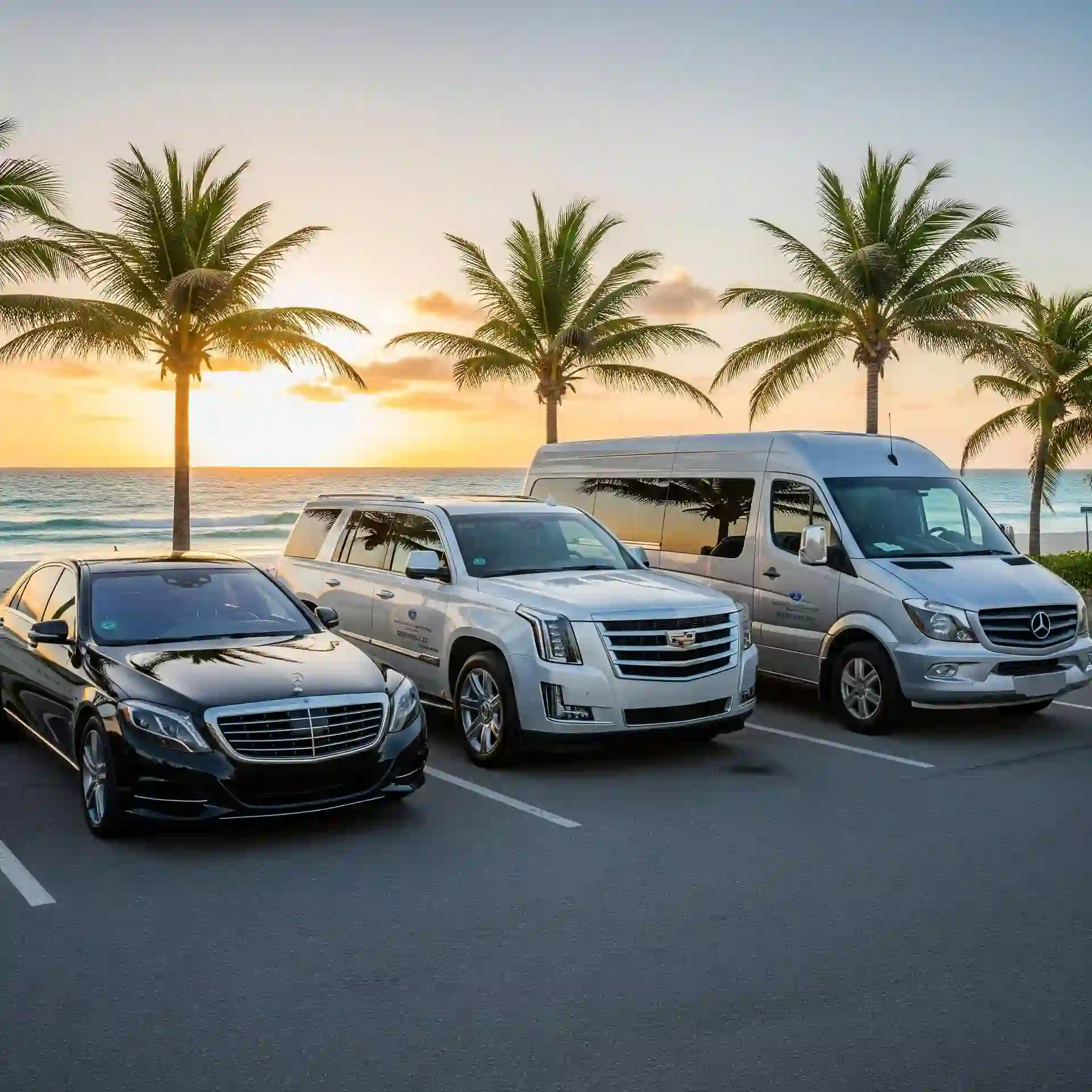 A fleet of luxury vehicles including a sedan, SUV, and van parked in a tropical setting.