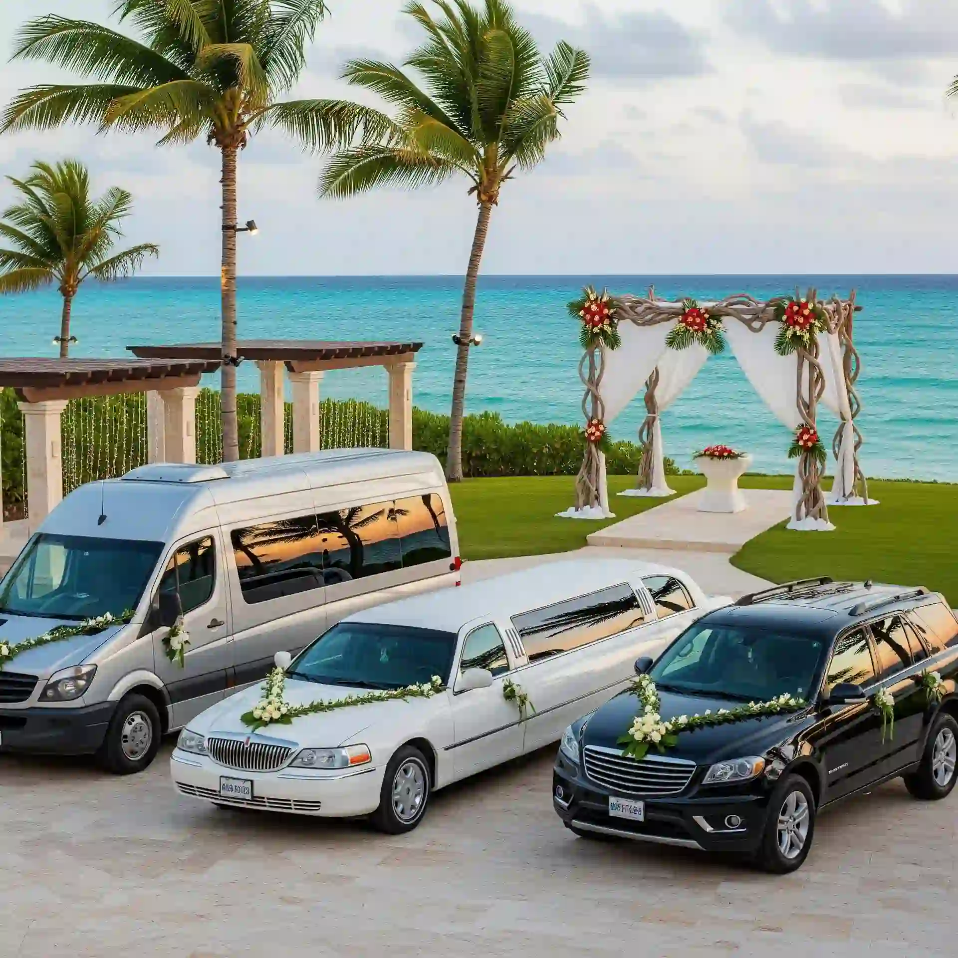 A fleet of elegant wedding vehicles including a limousine, SUV, and van at a tropical venue.