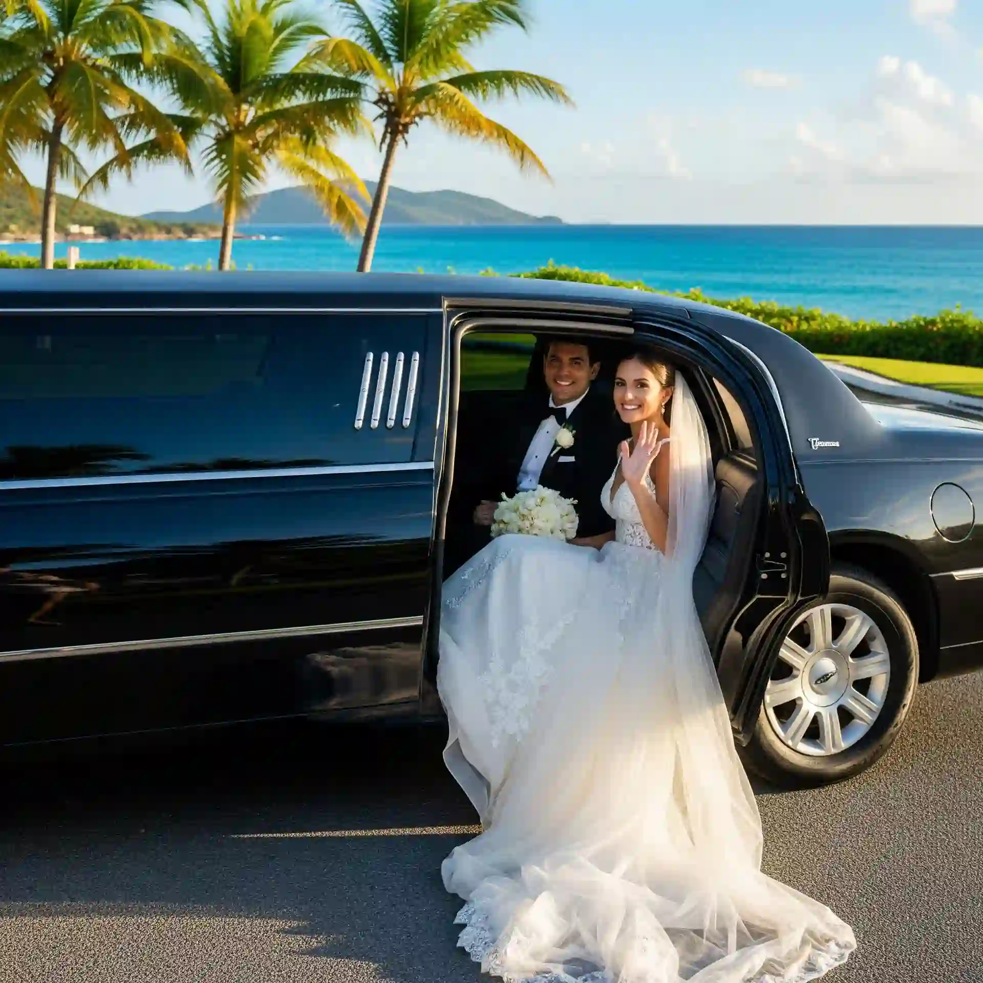A happy wedding couple in a luxurious limousine in St. Thomas with the ocean and palm trees in the background.