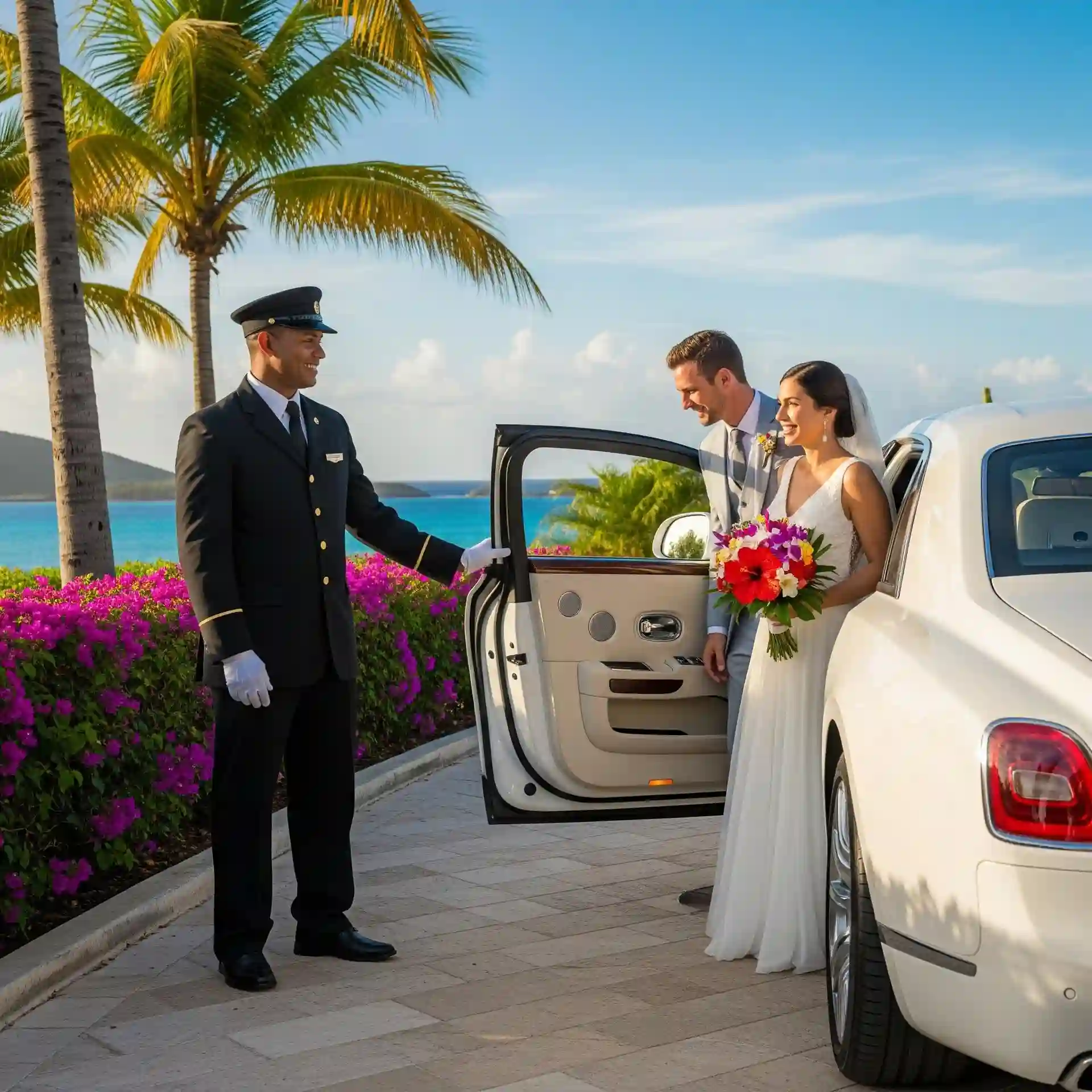 chauffeur holding the door for a happy wedding couple