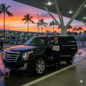 A luxurious black SUV with a professional driver waiting for a private airport transfer at a tropical airport.